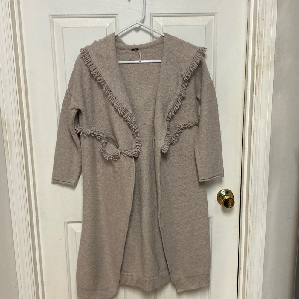 Free People Taupe Fringed Cardigan
